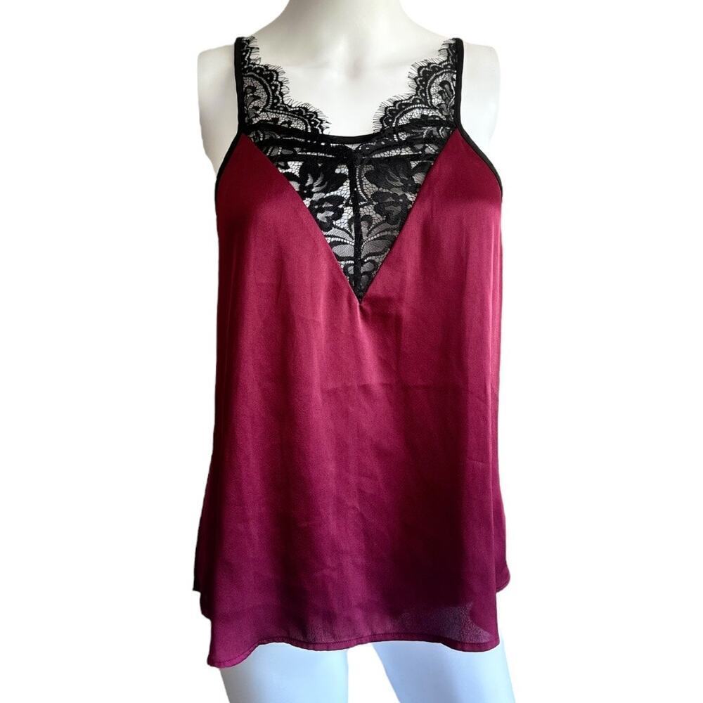 Express Medium Satin Camisole Maroon with Black Lace deep V-neck​​​​​